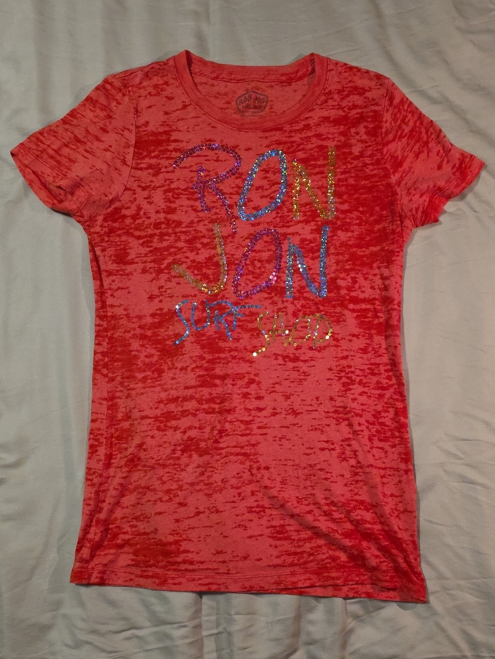 Ron Jon Red Marbled Sequin Short Sleeve Tee